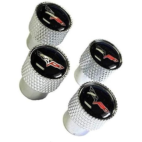C6 Corvette Crossed Flags Logo Aluminum Valve Stem Caps Knurled