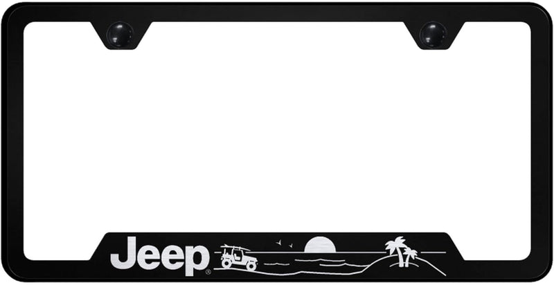 Au-TOMOTIVE GOLD Laser Etched Logo Cut-Out License Plate Frame for Jeep Beach (Black)
