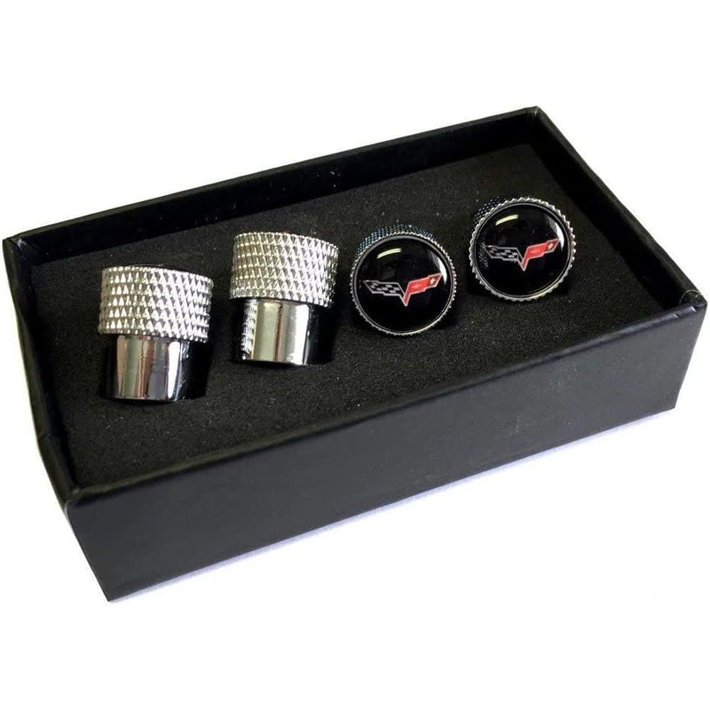 C6 Corvette Crossed Flags Logo Aluminum Valve Stem Caps Knurled
