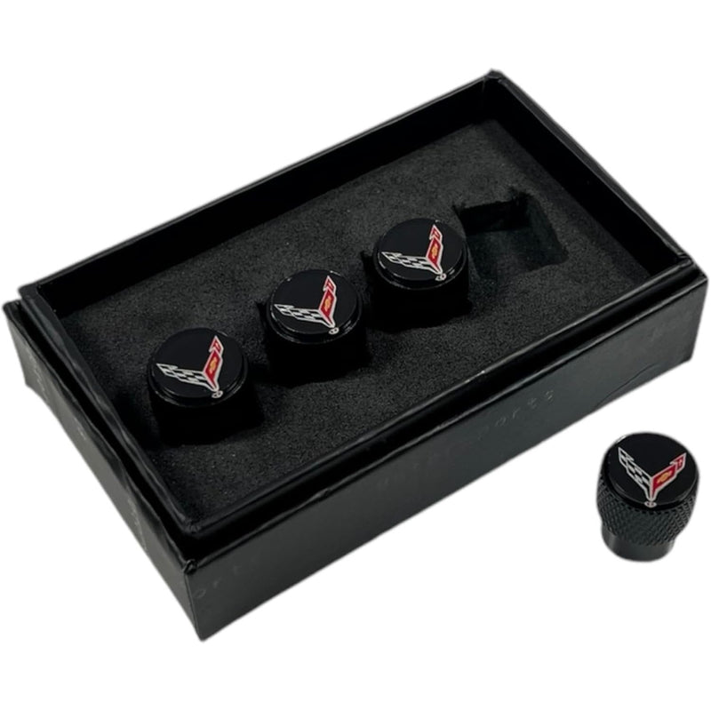 Eurosport Corvette C8 Logo Black Valve Stem Caps - Knurled