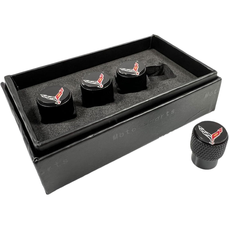 Eurosport Corvette C8 Logo Black Valve Stem Caps - Knurled