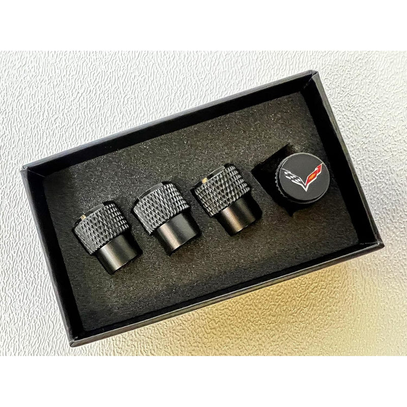 Eurosport Corvette C7 Logo Black Valve Stem Caps - Knurled