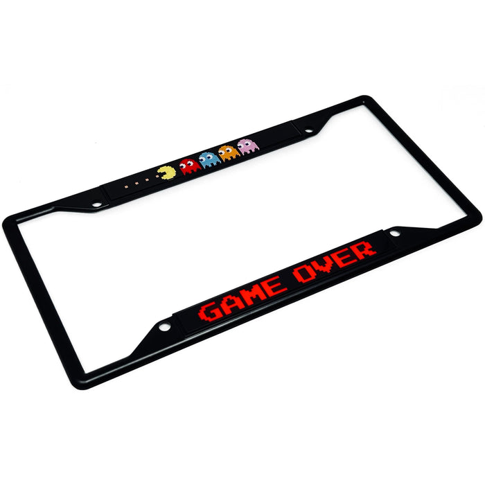 Pac-Man with Ghosts & GAME OVER Acrylic Inlaid Black Carbon Steel License Plate Frame 4-Hole - Official Licensed Product by Bandai Namco