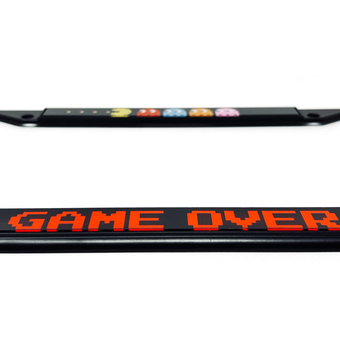 Pac-Man with Ghosts & GAME OVER Acrylic Inlaid Black Carbon Steel License Plate Frame 4-Hole - Official Licensed Product by Bandai Namco