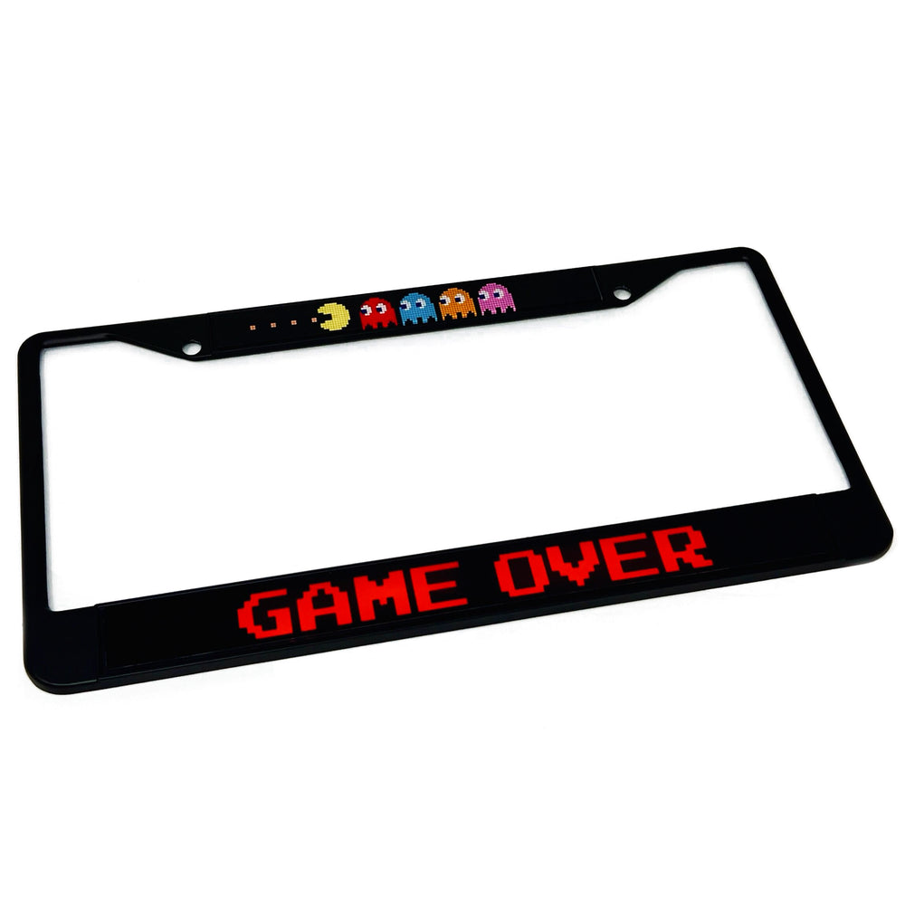 Pac-Man with Ghosts & GAME OVER Acrylic Inlaid Black Carbon Steel License Plate Frame 2-Hole - Official Licensed Product by Bandai Namco