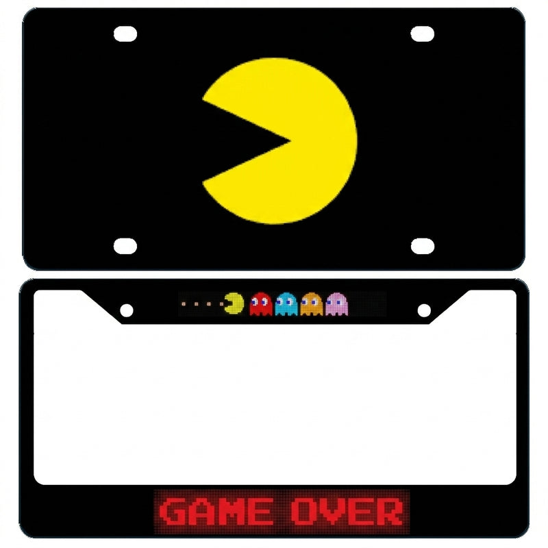 Pac-Man with Ghosts & GAME OVER Acrylic Inlaid Black Carbon Steel License Plate and Frame - Official Licensed Product