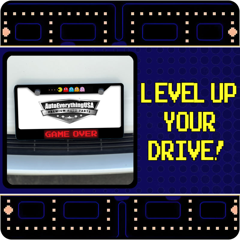 Pac-Man with Ghosts & GAME OVER Acrylic Inlaid Black Carbon Steel License Plate Frame 2-Hole - Official Licensed Product