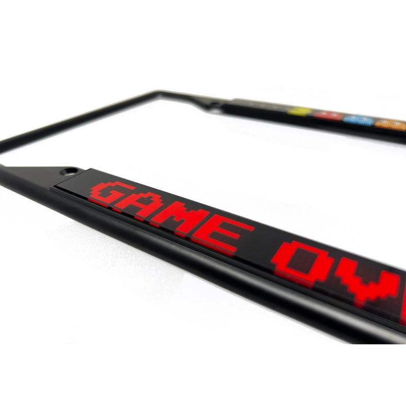 Pac-Man with Ghosts & Game Over Acrylic Inlaid Black Carbon Steel License Plate Frame 4-Hole - Official Licensed Product