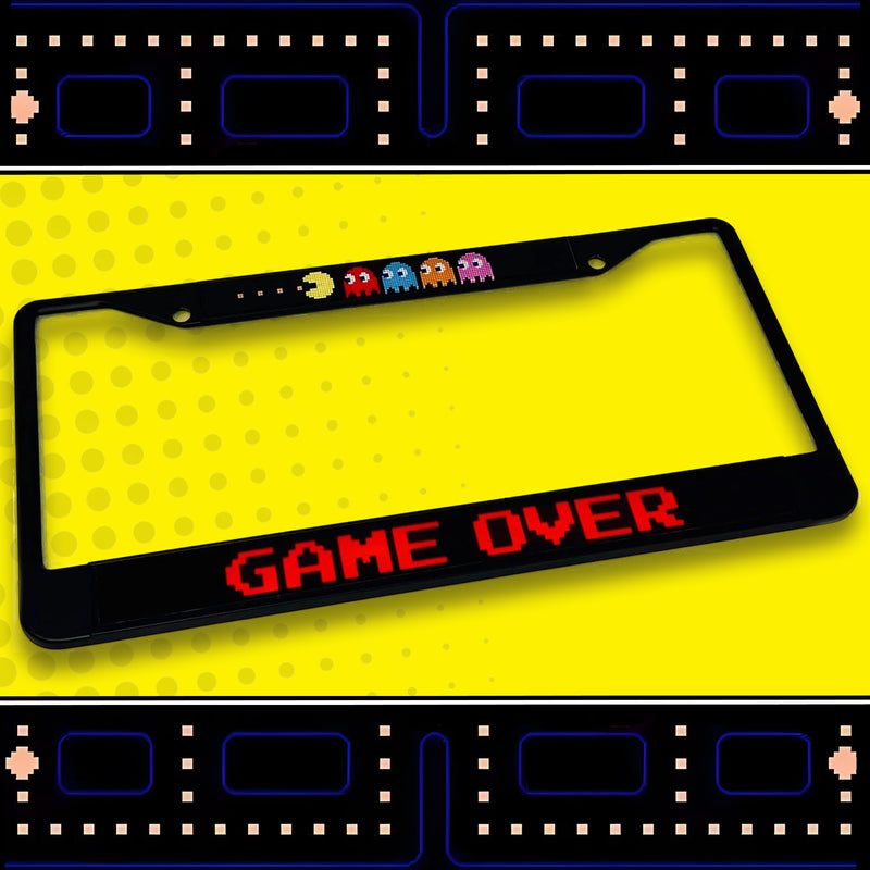 Pac-Man with Ghosts & GAME OVER Acrylic Inlaid Black Carbon Steel License Plate Frame 2-Hole - Official Licensed Product