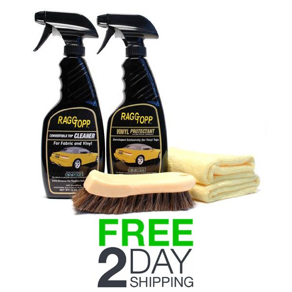 Raggtopp Vinyl Convertible Top Cleaner/Protectant Kit + Brush + 2 Clothes