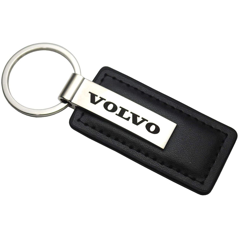 Volvo Genuine Black Leather Rectangular Silver Logo Key Chain Fob Ring